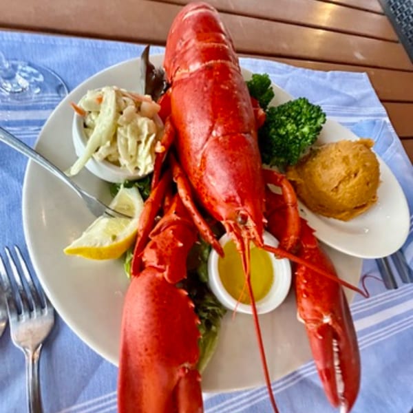 A whole cooked lobster with coleslaw, broccoli, a hushpuppy, and melted butter on a plate.