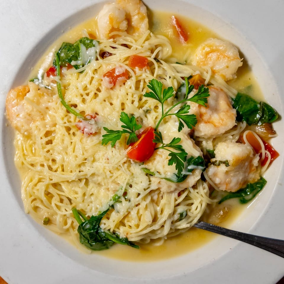 Shrimp scampi with angel hair pasta, spinach, tomatoes, and parsley in a white bowl.